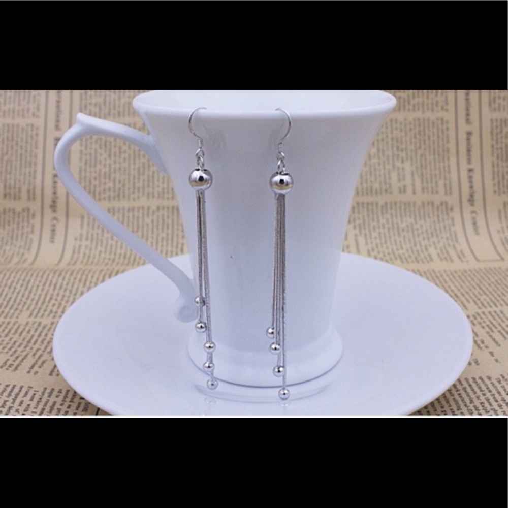 925 Sterling Silver Long Tassel Bead‎ Earrings